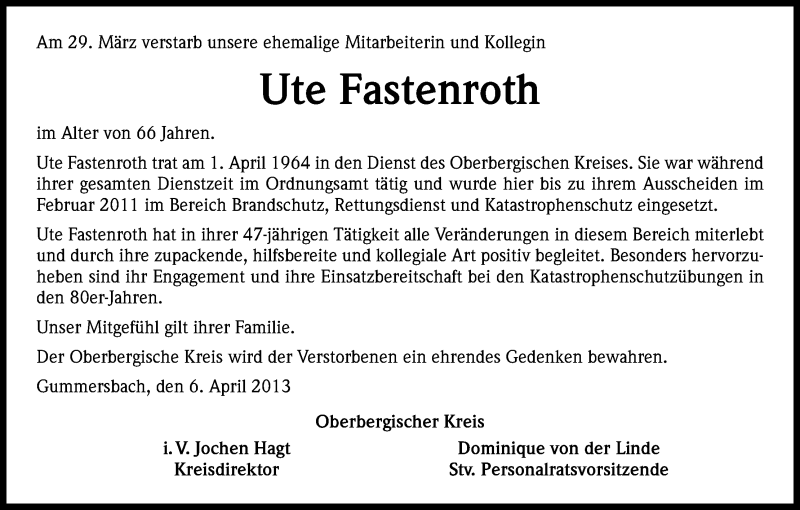  Traueranzeige für Ute Fastenroth vom 06.04.2013 aus Kölner Stadt-Anzeiger / Kölnische Rundschau / Express