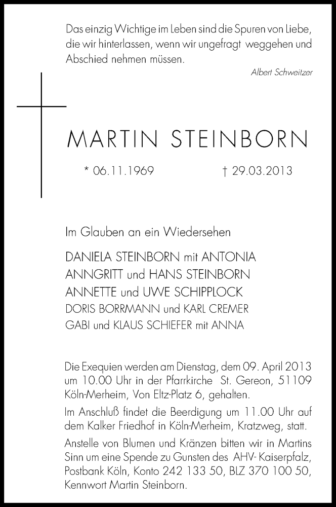  Traueranzeige für Martin Steinborn vom 06.04.2013 aus Kölner Stadt-Anzeiger / Kölnische Rundschau / Express
