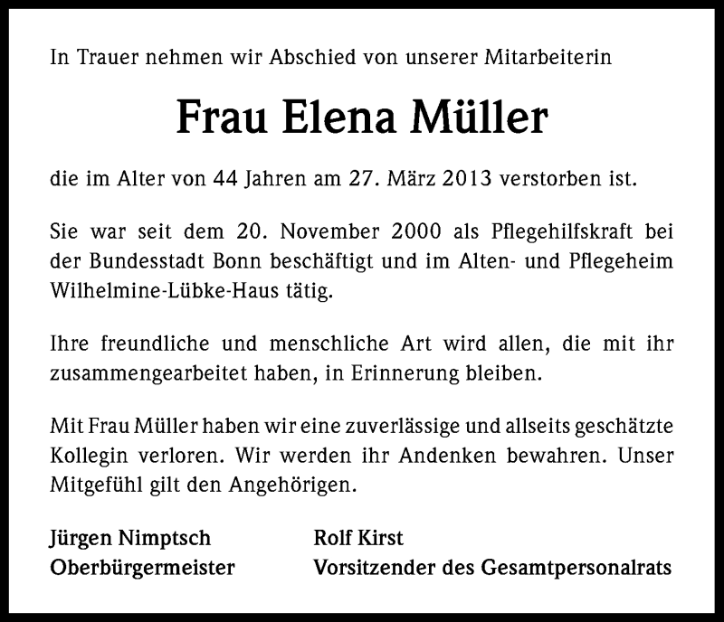  Traueranzeige für Elena Müller vom 04.04.2013 aus Kölner Stadt-Anzeiger / Kölnische Rundschau / Express