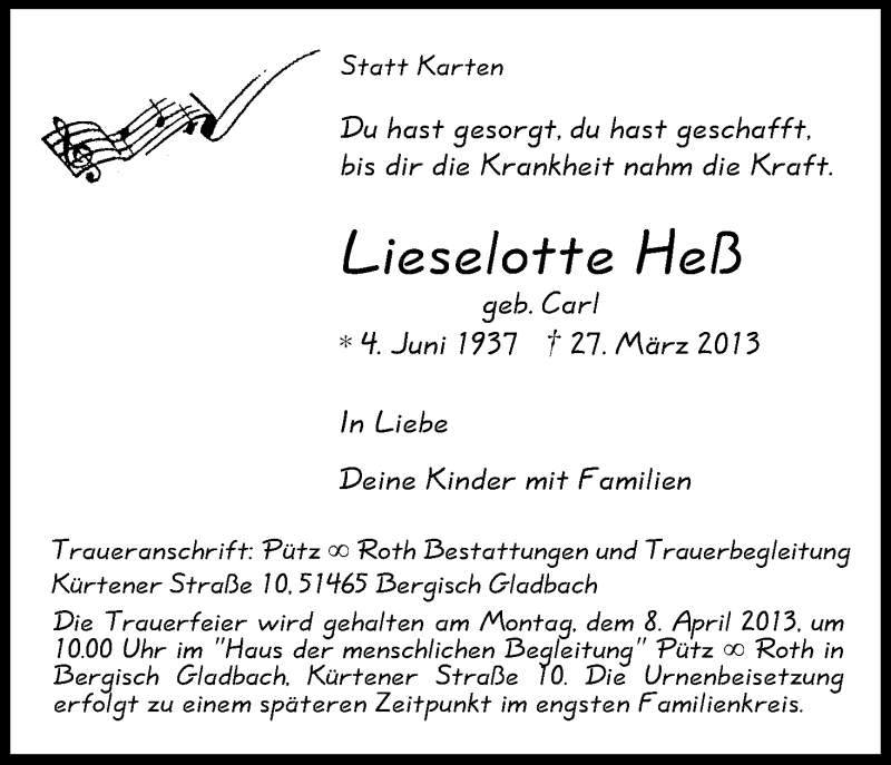  Traueranzeige für Lieselotte Heß vom 04.04.2013 aus Kölner Stadt-Anzeiger / Kölnische Rundschau / Express