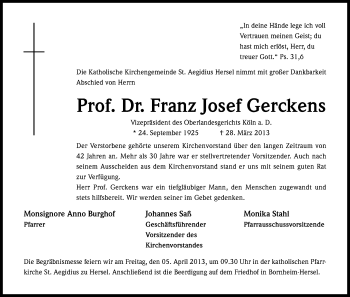Anzeige von Franz Josef Gerckens von Kölner Stadt-Anzeiger / Kölnische Rundschau / Express