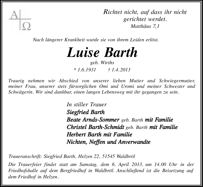  Traueranzeige für Luise Barth vom 04.04.2013 aus Kölner Stadt-Anzeiger / Kölnische Rundschau / Express