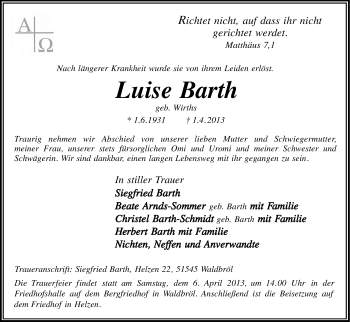 Anzeige von Luise Barth von Kölner Stadt-Anzeiger / Kölnische Rundschau / Express
