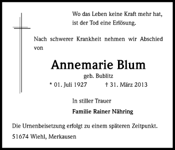 Anzeige von Annemarie Blum von Kölner Stadt-Anzeiger / Kölnische Rundschau / Express