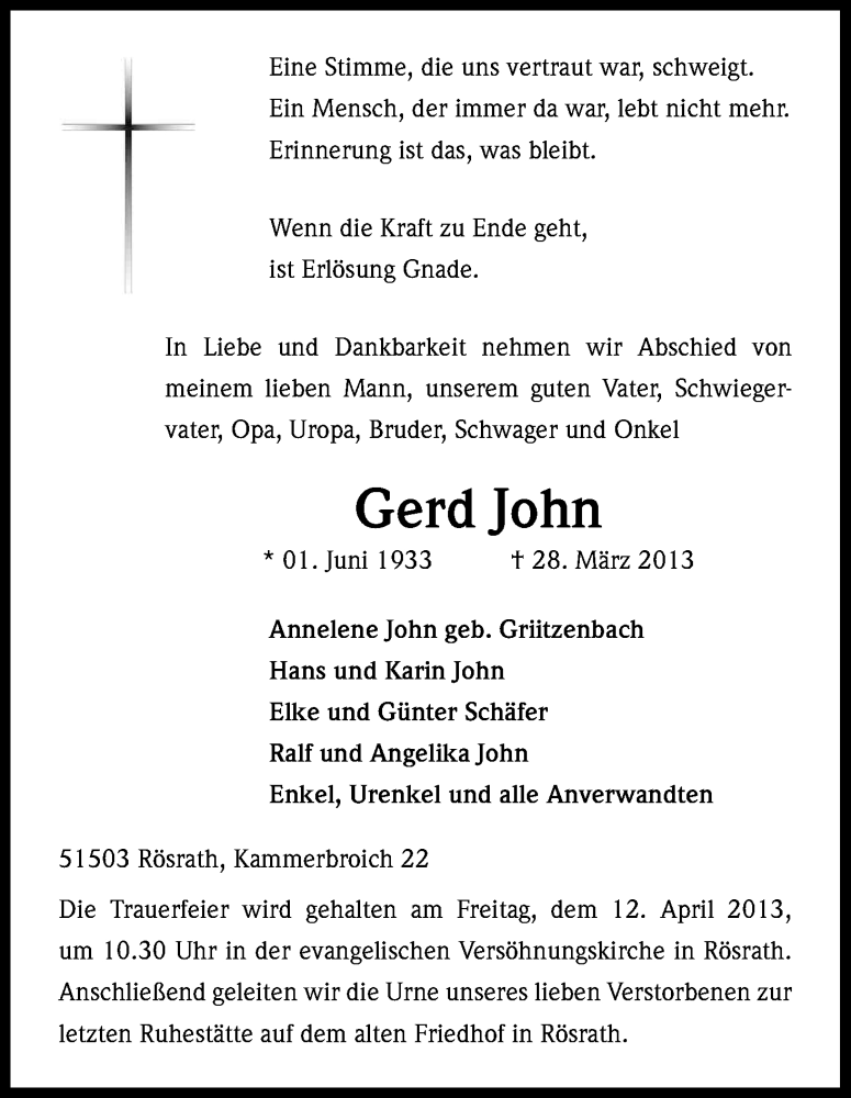  Traueranzeige für Gerd John vom 06.04.2013 aus Kölner Stadt-Anzeiger / Kölnische Rundschau / Express