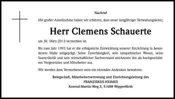 Anzeige von Clemens Schauerte von Kölner Stadt-Anzeiger / Kölnische Rundschau / Express