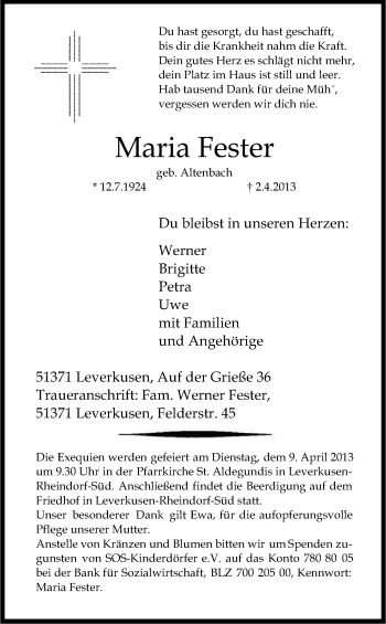 Anzeige von Maria Fester von Kölner Stadt-Anzeiger / Kölnische Rundschau / Express