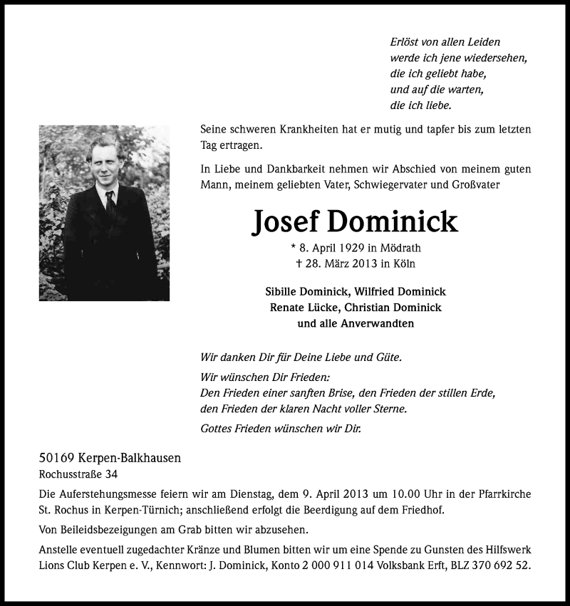  Traueranzeige für Josef Dominick vom 06.04.2013 aus Kölner Stadt-Anzeiger / Kölnische Rundschau / Express