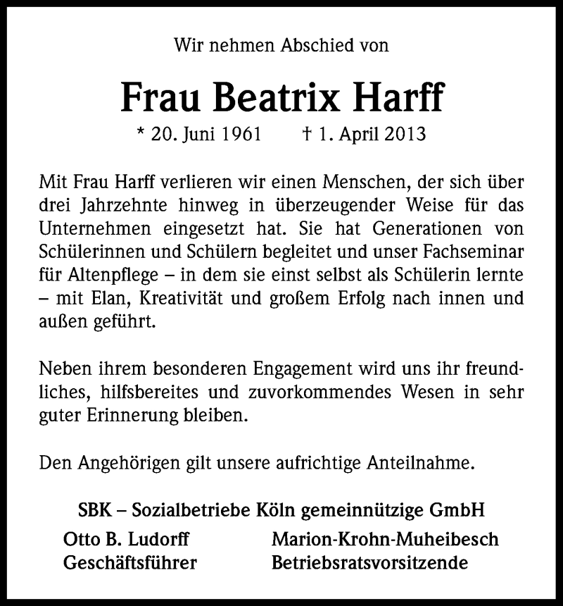  Traueranzeige für Beatrix Harff vom 05.04.2013 aus Kölner Stadt-Anzeiger / Kölnische Rundschau / Express