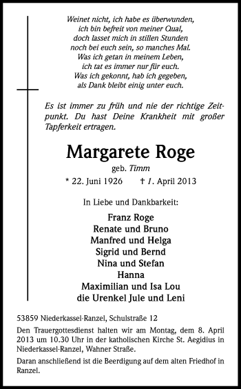 Anzeige von Margarete Roge von Kölner Stadt-Anzeiger / Kölnische Rundschau / Express