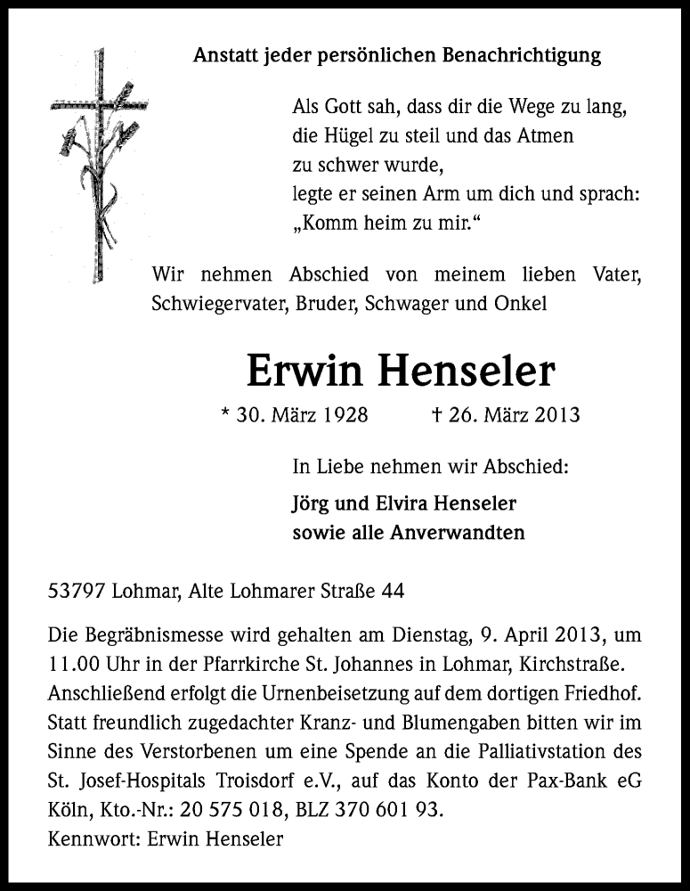  Traueranzeige für Erwin Henseler vom 06.04.2013 aus Kölner Stadt-Anzeiger / Kölnische Rundschau / Express