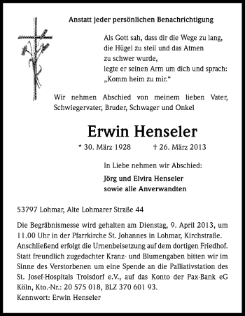 Anzeige von Erwin Henseler von Kölner Stadt-Anzeiger / Kölnische Rundschau / Express
