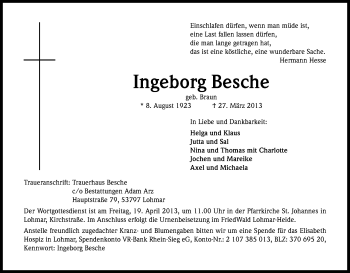 Anzeige von Ingeborg Besche von Kölner Stadt-Anzeiger / Kölnische Rundschau / Express