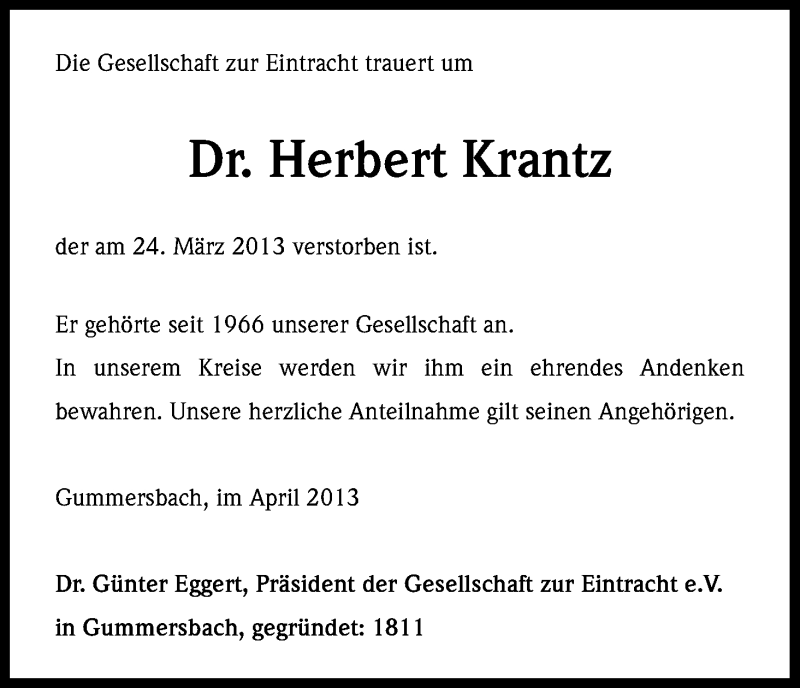  Traueranzeige für Herbert Krantz vom 06.04.2013 aus Kölner Stadt-Anzeiger / Kölnische Rundschau / Express