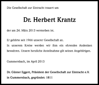 Anzeige von Herbert Krantz von Kölner Stadt-Anzeiger / Kölnische Rundschau / Express