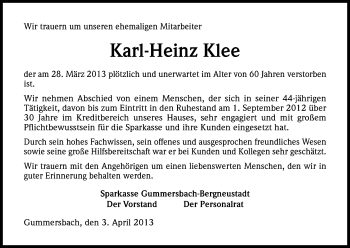 Anzeige von Karl-Heinz Klee von Kölner Stadt-Anzeiger / Kölnische Rundschau / Express
