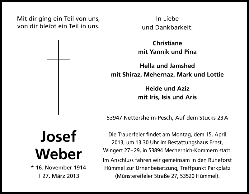  Traueranzeige für Josef Weber vom 06.04.2013 aus Kölner Stadt-Anzeiger / Kölnische Rundschau / Express