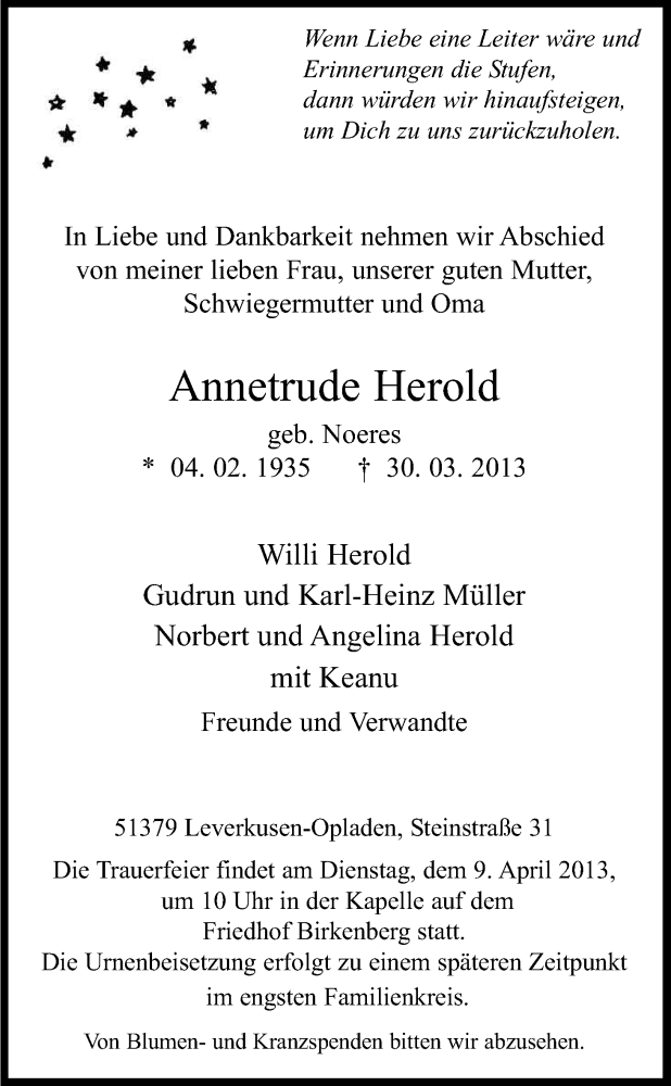  Traueranzeige für Annetrude Herold vom 04.04.2013 aus Kölner Stadt-Anzeiger / Kölnische Rundschau / Express