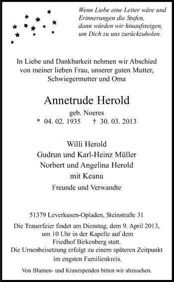 Anzeige von Annetrude Herold von Kölner Stadt-Anzeiger / Kölnische Rundschau / Express