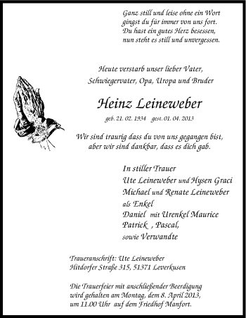 Anzeige von Heinz Leineweber von Kölner Stadt-Anzeiger / Kölnische Rundschau / Express