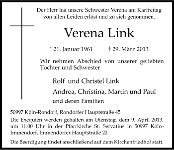 Anzeige von Verena Link von Kölner Stadt-Anzeiger / Kölnische Rundschau / Express