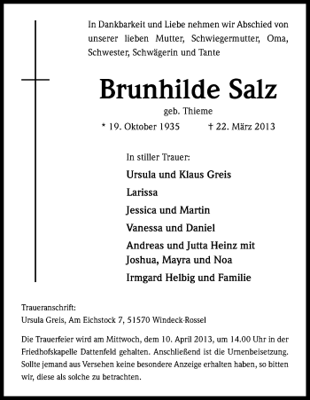 Anzeige von Brunhilde Salz von Kölner Stadt-Anzeiger / Kölnische Rundschau / Express