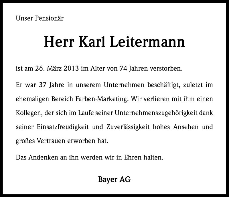  Traueranzeige für Karl Leitermann vom 05.04.2013 aus Kölner Stadt-Anzeiger / Kölnische Rundschau / Express