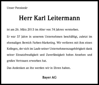 Anzeige von Karl Leitermann von Kölner Stadt-Anzeiger / Kölnische Rundschau / Express