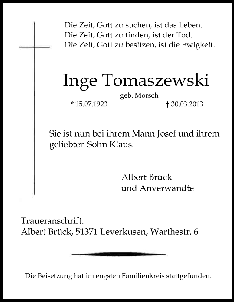  Traueranzeige für Inge Tomaszewski vom 13.04.2013 aus Kölner Stadt-Anzeiger / Kölnische Rundschau / Express