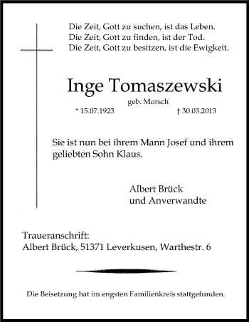Anzeige von Inge Tomaszewski von Kölner Stadt-Anzeiger / Kölnische Rundschau / Express