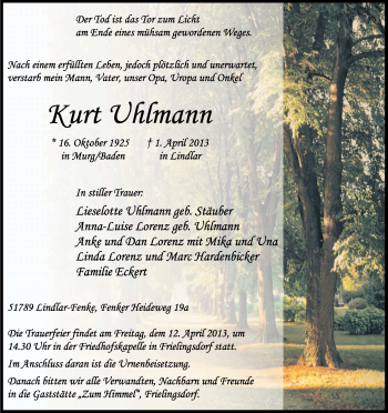 Anzeige von Kurt Uhlmann von Kölner Stadt-Anzeiger / Kölnische Rundschau / Express