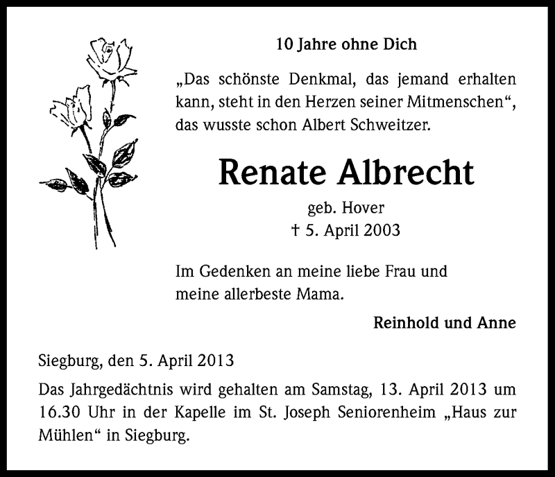  Traueranzeige für Renate Albrecht vom 06.04.2013 aus Kölner Stadt-Anzeiger / Kölnische Rundschau / Express