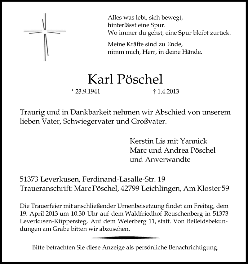  Traueranzeige für Karl Pöschel vom 06.04.2013 aus Kölner Stadt-Anzeiger / Kölnische Rundschau / Express