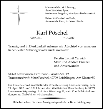 Anzeige von Karl Pöschel von Kölner Stadt-Anzeiger / Kölnische Rundschau / Express