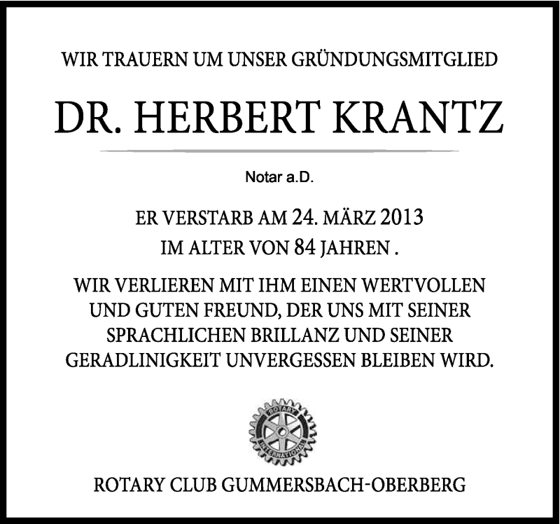  Traueranzeige für Herbert Krantz vom 06.04.2013 aus Kölner Stadt-Anzeiger / Kölnische Rundschau / Express