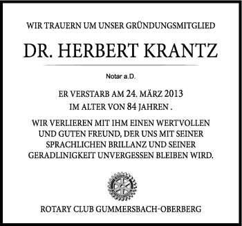 Anzeige von Herbert Krantz von Kölner Stadt-Anzeiger / Kölnische Rundschau / Express