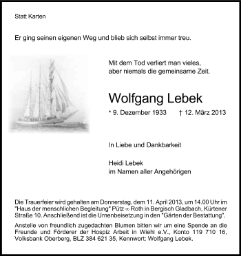 Anzeige von Wolfgang Lebek von Kölner Stadt-Anzeiger / Kölnische Rundschau / Express