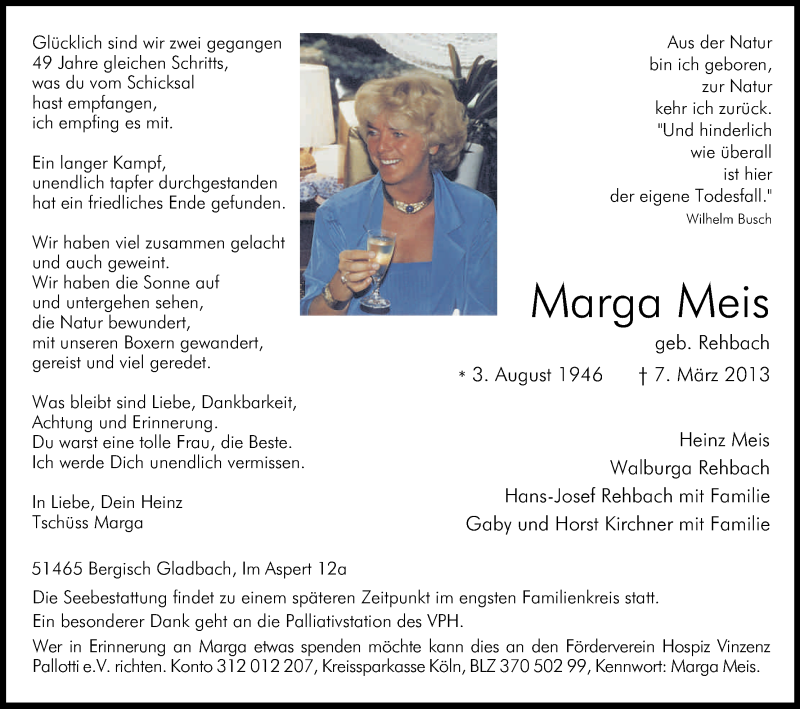  Traueranzeige für Marga Meis vom 06.04.2013 aus Kölner Stadt-Anzeiger / Kölnische Rundschau / Express