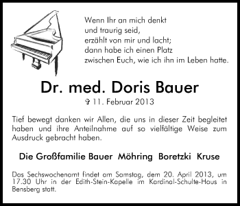 Anzeige von Doris Bauer von Kölner Stadt-Anzeiger / Kölnische Rundschau / Express