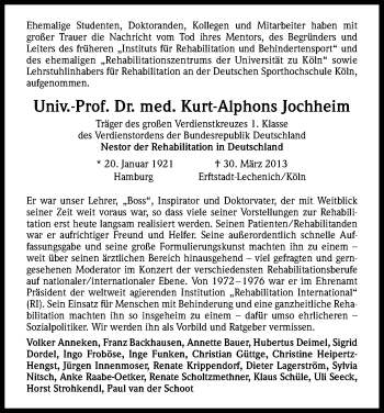 Anzeige von Kurt-Alphons Jochheim von Kölner Stadt-Anzeiger / Kölnische Rundschau / Express