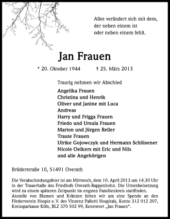 Anzeige von Jan Frauen von Kölner Stadt-Anzeiger / Kölnische Rundschau / Express