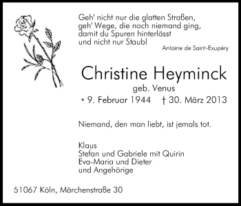 Anzeige von Christine Heyminck von Kölner Stadt-Anzeiger / Kölnische Rundschau / Express