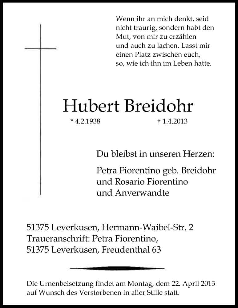  Traueranzeige für Hubert Breidohr vom 06.04.2013 aus Kölner Stadt-Anzeiger / Kölnische Rundschau / Express