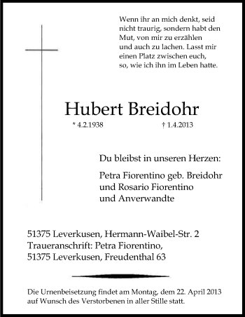 Anzeige von Hubert Breidohr von Kölner Stadt-Anzeiger / Kölnische Rundschau / Express
