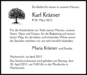 Anzeige von Karl Krämer von Kölner Stadt-Anzeiger / Kölnische Rundschau / Express
