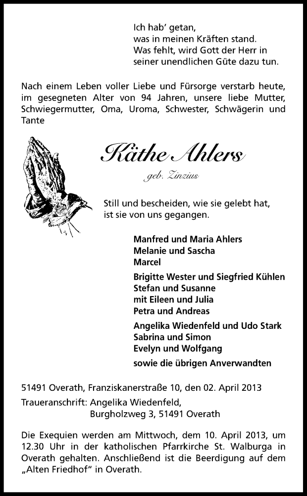  Traueranzeige für Käthe Ahlers vom 06.04.2013 aus Kölner Stadt-Anzeiger / Kölnische Rundschau / Express