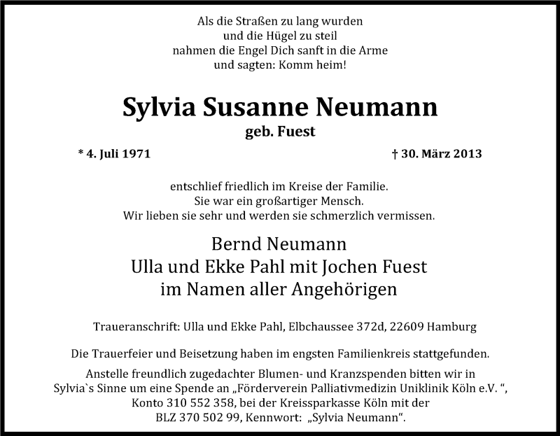  Traueranzeige für Sylvia Susanne Neumann vom 10.04.2013 aus Kölner Stadt-Anzeiger / Kölnische Rundschau / Express