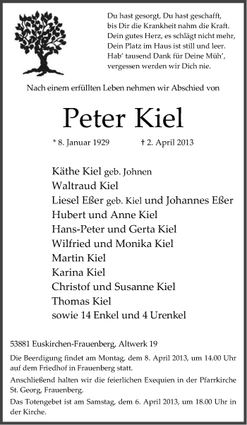 Anzeige von Peter Kiel von Kölner Stadt-Anzeiger / Kölnische Rundschau / Express