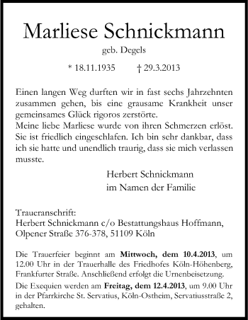 Anzeige von Marliese Schnickmann von Kölner Stadt-Anzeiger / Kölnische Rundschau / Express