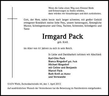 Anzeige von Irmgard Pack von Kölner Stadt-Anzeiger / Kölnische Rundschau / Express